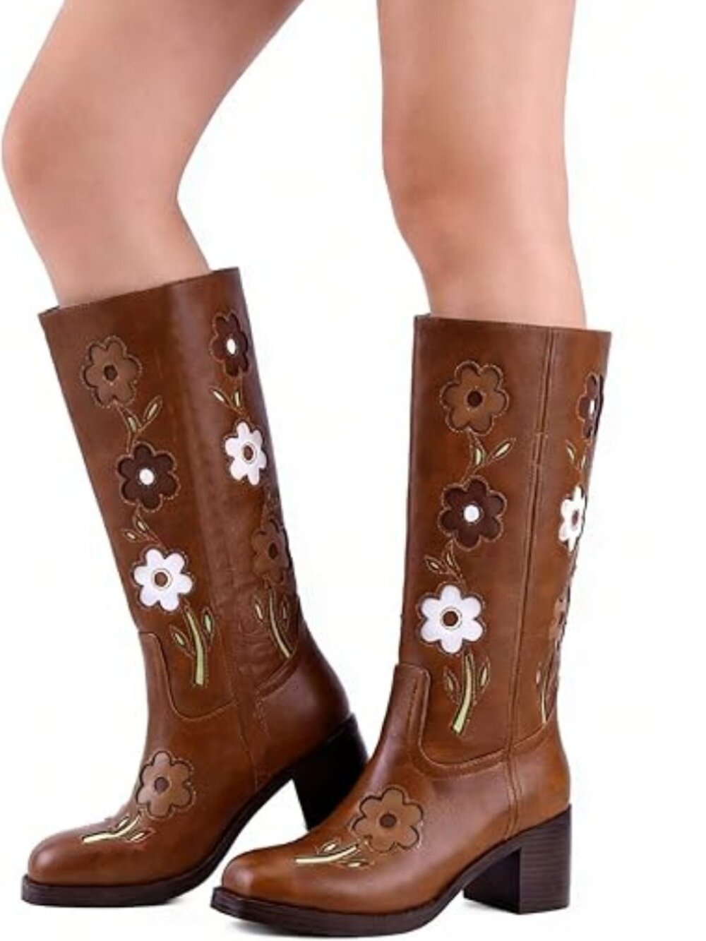 Retro Floral Embroidered Knee High Boots Chunky Block Heel Square Toe